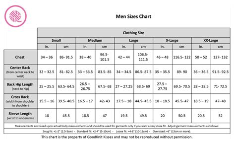 Mens Chest Sizes Chart