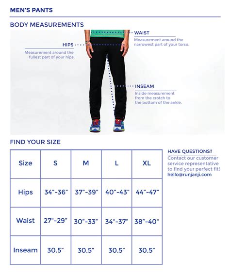 Mens Pants Sizes Chart