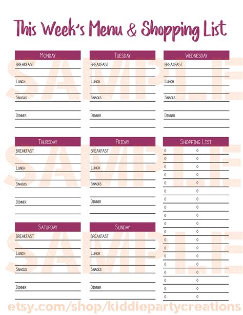 Menu Planner Shopping List Template