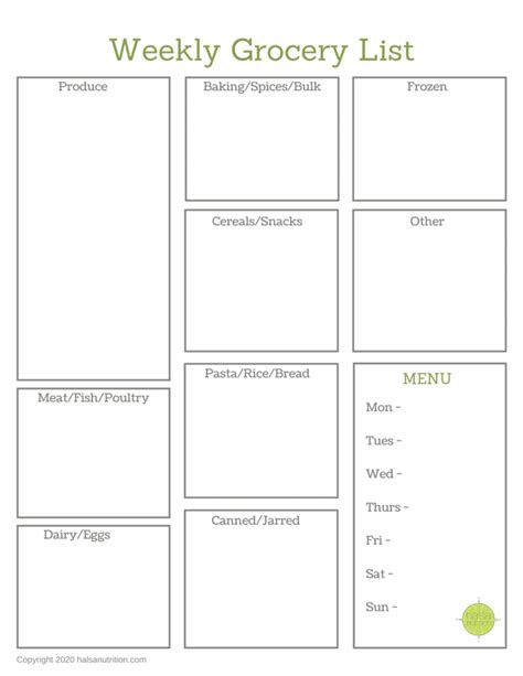 Menu Planning Template With Grocery List