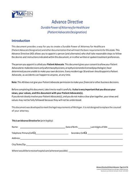 Michigan Advance Directive Printable Form