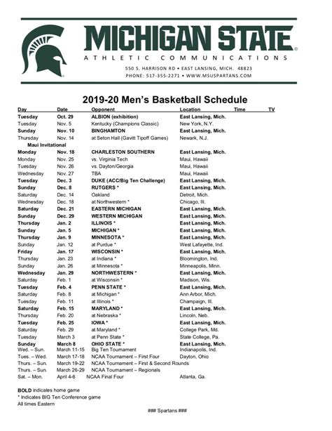 Michigan State Basketball Printable Schedule