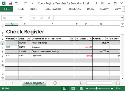 Microsoft Excel Check Register Template