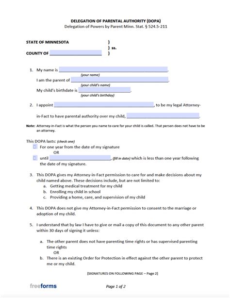Minnesota Minor Child Power Of Attorney Free Printable Form