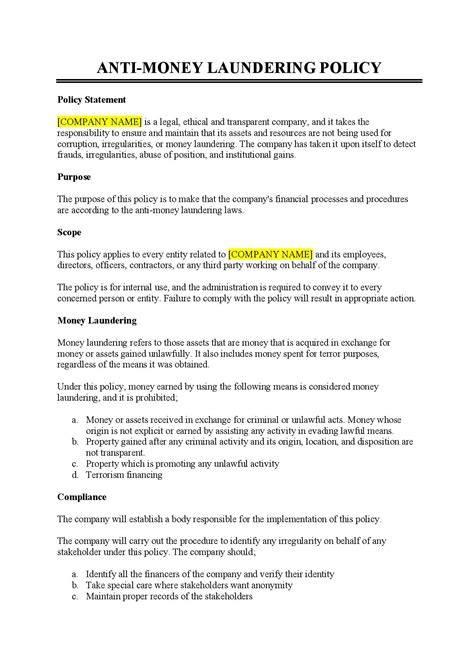 Money Laundering Policy Template