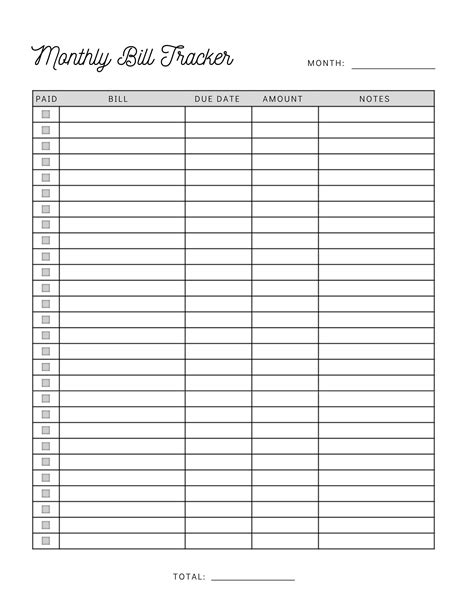 Monthly Bill Payment Checklist Printable