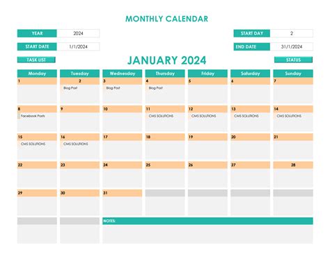 Monthly Calendar Excel Template