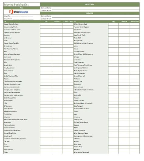 Moving Packing List Template