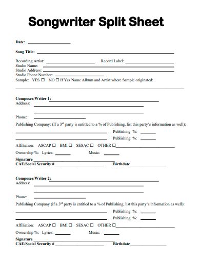 Music Split Sheet Template