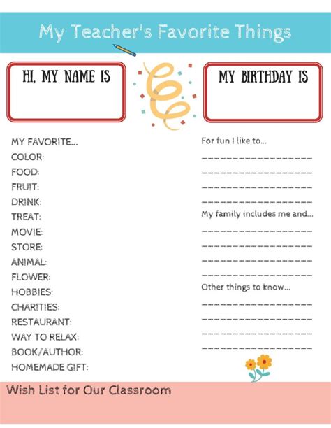 My Teachers Favorite Things Printable