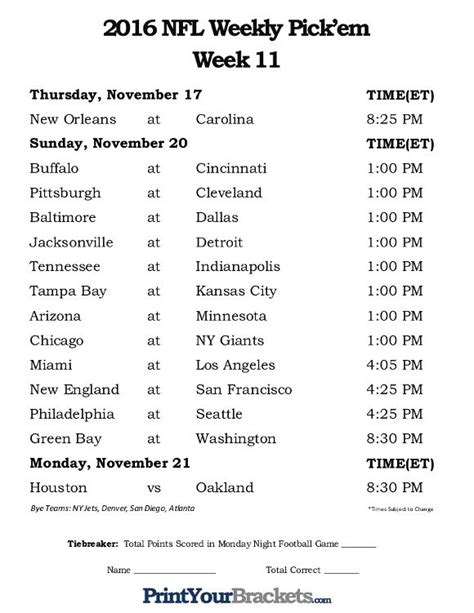 Nfl Printable Schedule Week 11