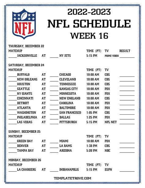 Nfl Printable Schedule Week 16