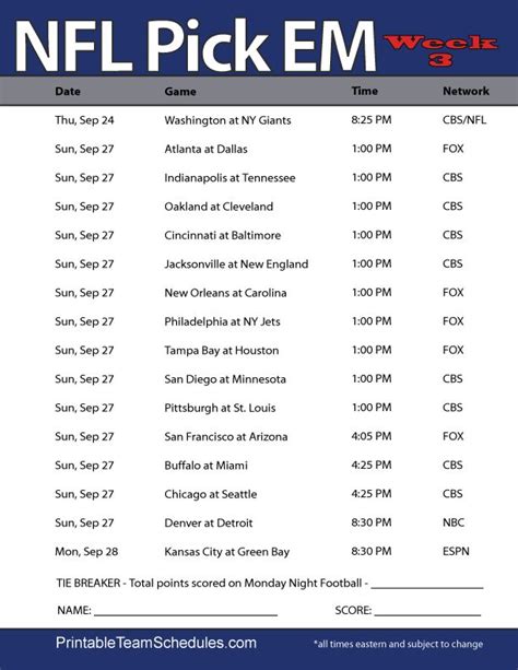 Nfl Week 18 Printable Schedule