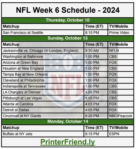 Nfl Week 6 Schedule Printable