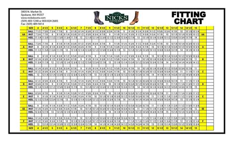 Nicks Boots Sizing Chart