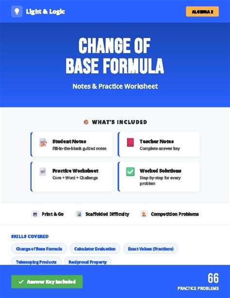 Notes Change Of Base Formula For Logarithms Worksheet Printable