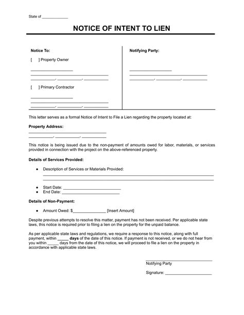 Notice Of Intent To Lien Template