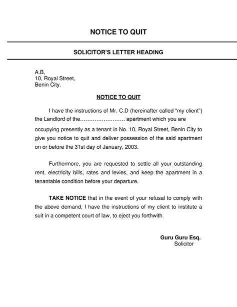 Notice To Quit Tenancy Template