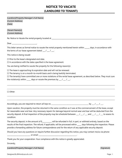 Notice To Vacate Tenant Template