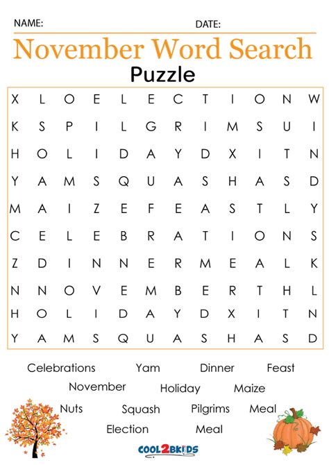 November Word Search Free Printable