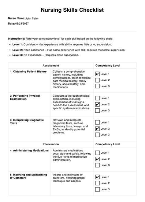 Nurse Skills Checklist Template