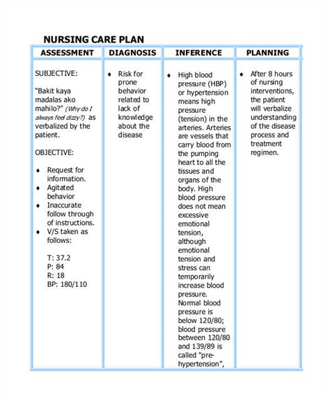 Nursing Care Plan Format Template
