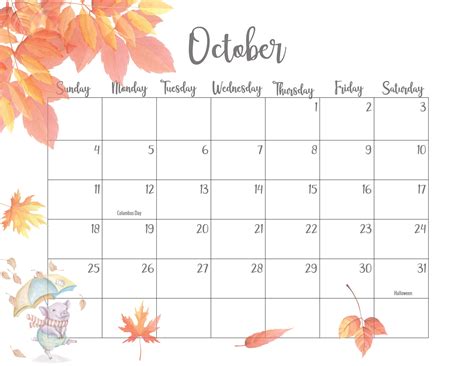 October Calender Printable