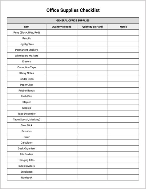 Office Supply Checklist Template