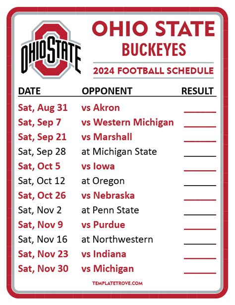 Ohio State Football Printable Schedule