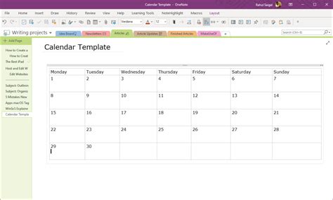 One Note Calendar Template