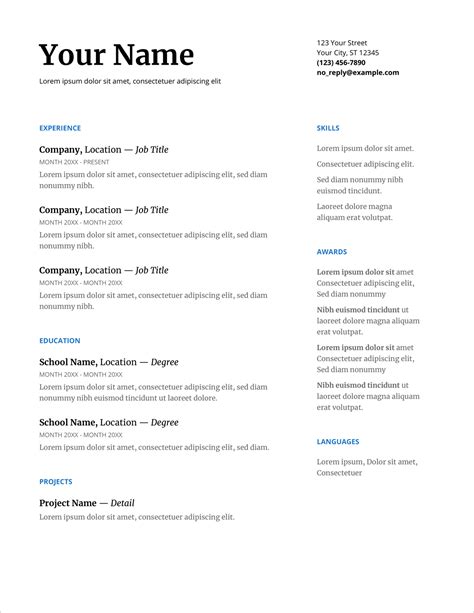 One Page Resume Template Google Docs