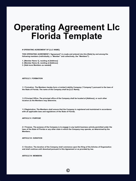 Operating Agreement Llc Template Florida