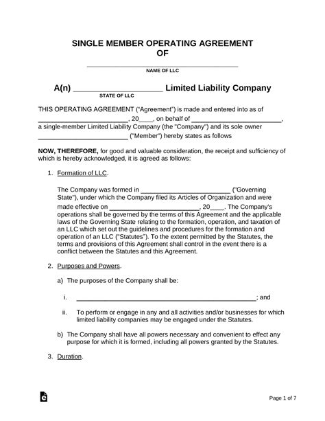 Operating Agreement Template For Single Member Llc
