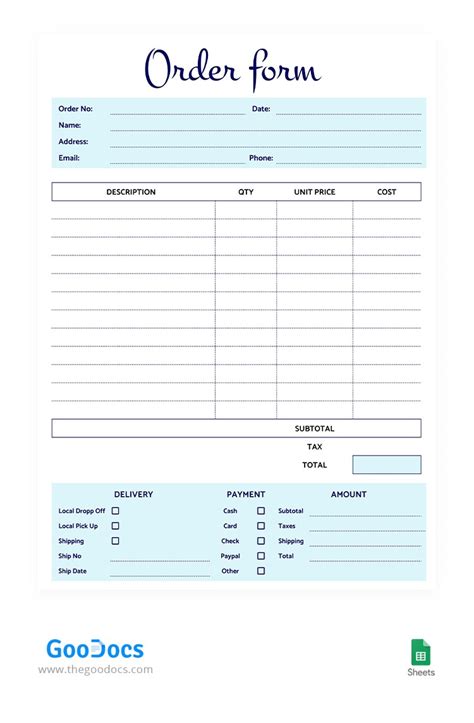 Ordering Sheet Template