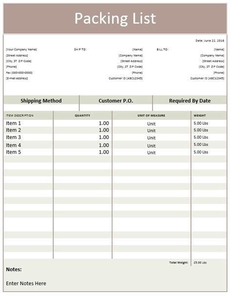 Packing List Template Word