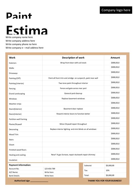Painting Estimate Template Word