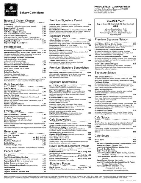Panera Menu Printable