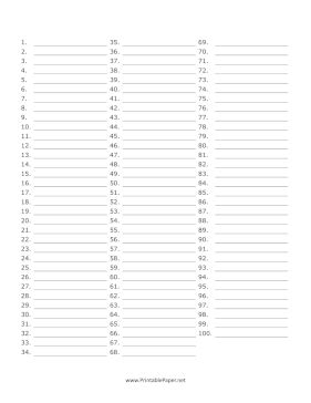 Paper Printable Blank Numbered List 1 - 100