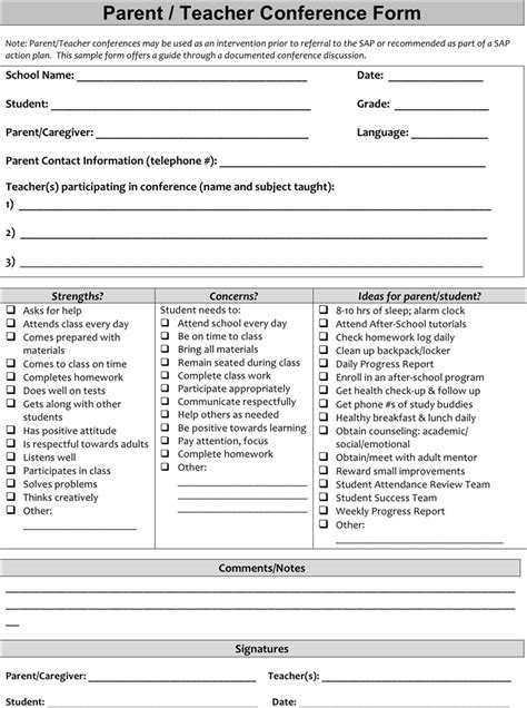 Parent Conference Form Template