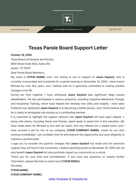 Parole Support Letter Template