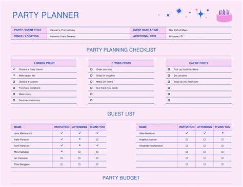 Party Planning Excel Template