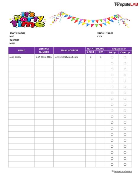 Party Sign Up Sheet Template