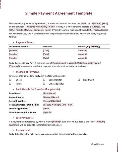 Payment Agreement Template Word