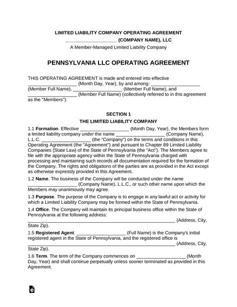 Pennsylvania Llc Operating Agreement Template