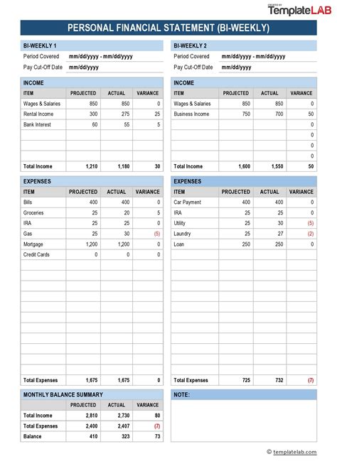 Personal Financial Statement Free Template