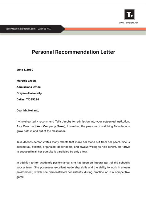 Personal Recommendation Letter Template