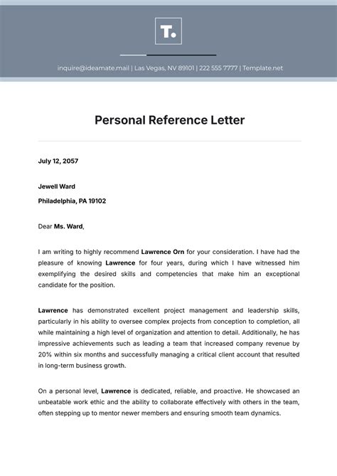 Personal Reference Letter Of Recommendation Template
