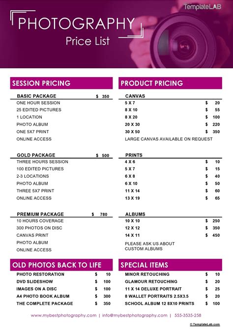 Photography Price List Template