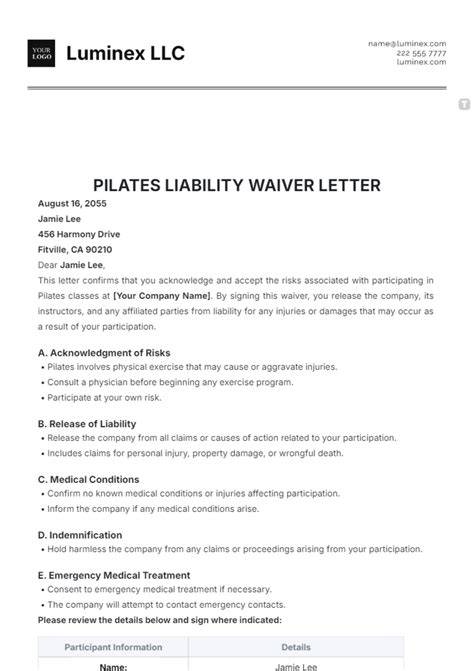 Pilates Waiver Template