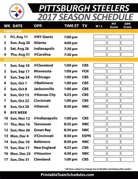 Pittsburgh Steelers Schedule Printable